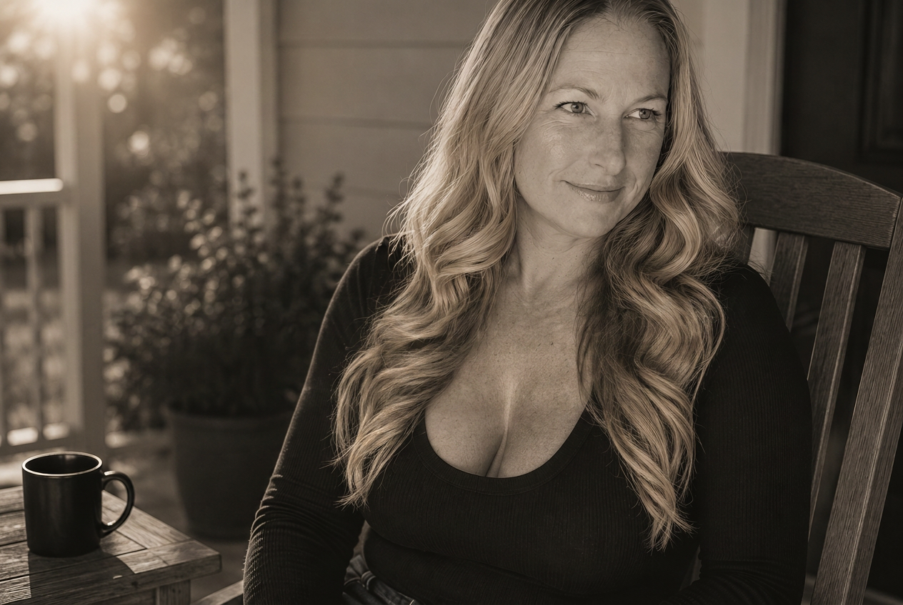 A woman sitting on a porch at golden hour, coffee mug beside her — Worthy of the Double Take